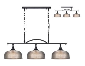 Arvo Semi Flush/Pendant Bar, 3 Light Adjustable E27, Satin Black/Smoke Glass