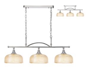 Arvo Semi Flush/Pendant Bar, 3 Light Adjustable E27, Polished Nickel/Amber Glass