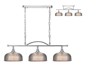 Arvo Semi Flush/Pendant Bar, 3 Light Adjustable E27, Polished Nickel/Smoke Glass
