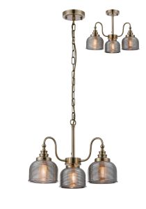 Arvo 47cm Semi Flush/Pendant, 3 Light E27, Antique Brass/Smoke Glass