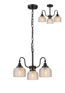 Arvo 47cm Semi Flush/Pendant, 3 Light E27, Satin Black/Amber Glass