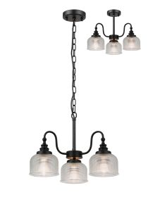 Arvo 47cm Semi Flush/Pendant, 3 Light E27, Satin Black/Clear Glass