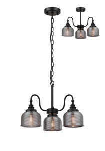 Arvo 47cm Semi Flush/Pendant, 3 Light E27, Satin Black/Smoke Glass