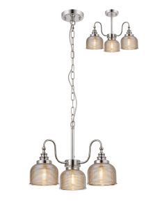 Arvo 47cm Semi Flush/Pendant, 3 Light E27, Polished Nickel/Amber Glass