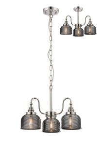 Arvo 47cm Semi Flush/Pendant, 3 Light E27, Polished Nickel/Smoke Glass