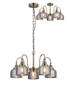 Arvo 57cm Semi Flush/Pendant, 5 Light E27, Antique Brass/Smoke Glass