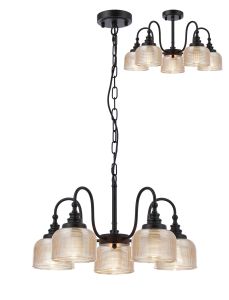 Arvo 57cm Semi Flush/Pendant, 5 Light E27, Satin Black/Amber Glass
