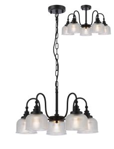 Arvo 57cm Semi Flush/Pendant, 5 Light E27, Satin Black/Clear Glass