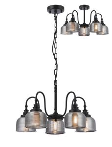 Arvo 57cm Semi Flush/Pendant, 5 Light E27, Satin Black/Smoke Glass