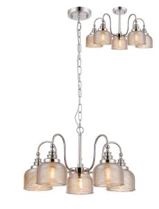 Arvo 57cm Semi Flush/Pendant, 5 Light E27, Polished Nickel/Amber Glass