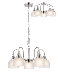 Arvo 57cm Semi Flush/Pendant, 5 Light E27, Polished Nickel/Frosted Glass