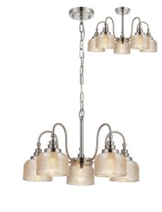 Arvo 57cm Semi Flush/Pendant, 5 Light E27, Satin Nickel/Amber Glass