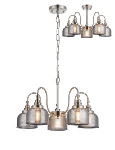 Arvo 57cm Semi Flush/Pendant, 5 Light E27, Satin Nickel/Smoke Glass