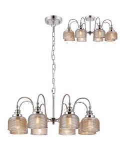 Arvo 73cm Semi Flush/Pendant, 8 Light E27, Polished Nickel/Amber Glass