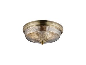 Arvo 34cm 2 Light E27 Flush Ceiling Light, Antique Brass/Smoke Glass