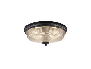 Arvo 34cm 2 Light E27 Flush Ceiling Light, Satin Black/Amber Glass