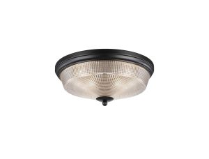 Arvo 34cm 2 Light E27 Flush Ceiling Light, Satin Black/Clear Glass