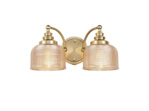 Arvo Switched Double Wall Light, 2 Light E27 Antique Brass/Amber Glass