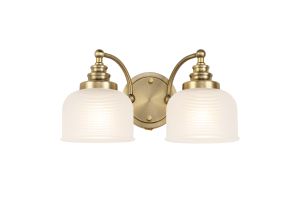 Arvo Switched Double Wall Light, 2 Light E27 Antique Brass/Frosted Glass