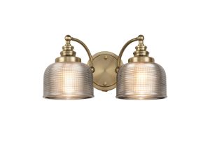 Arvo Switched Double Wall Light, 2 Light E27 Antique Brass/Smoke Glass