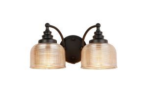 Arvo Switched Double Wall Light, 2 Light E27 Satin Black/Amber Glass