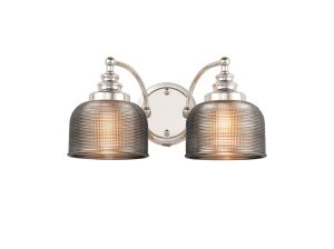 Arvo Switched Double Wall Light, 2 Light E27 Polished Nickel/Smoke Glass