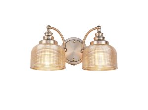 Arvo Switched Double Wall Light, 2 Light E27 Satin Nickel/Amber Glass