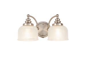 Arvo Switched Double Wall Light, 2 Light E27 Satin Nickel/Clear Glass