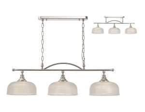Arvo Semi Flush/Pendant Bar, 3 Light Adjustable E27, Polished Nickel/Prismatic Glass