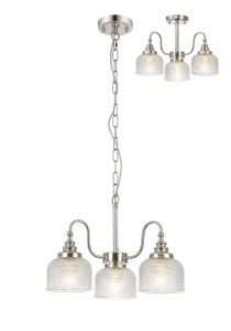 Arvo 47cm Semi Flush/Pendant, 3 Light E27, Polished Nickel/Prismatic Glass