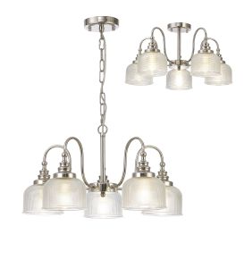 Arvo 57cm Semi Flush/Pendant, 5 Light E27, Polished Nickel/Prismatic Glass
