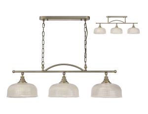 Arvo Semi Flush/Pendant Bar, 3 Light Adjustable E27, Antique Brass/Prismatic Glass