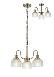 Arvo 47cm Semi Flush/Pendant, 3 Light E27, Antique Brass/Prismatic Glass