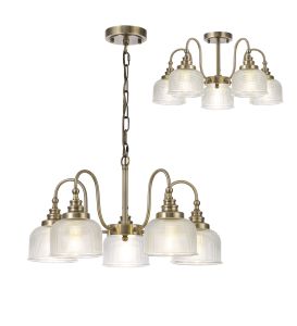 Arvo 57cm Semi Flush/Pendant, 5 Light E27, Antique Brass/Prismatic Glass