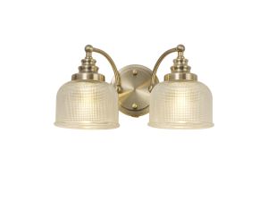 Arvo Switched Double Wall Light, 2 Light E27 Antique Brass/Prismatic Glass