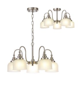 Arvo 57cm Semi Flush/Pendant, 5 Light E27, Satin Nickel/Frosted Glass