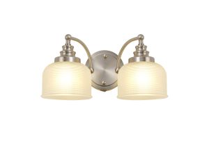 Arvo Switched Double Wall Light, 2 Light E27 Satin Nickel/Frosted Glass