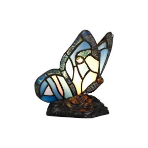 Acquolina Tiffany Butterfly Table Lamp, 1 x E14, Black Base With Blue/Pink Glass With Clear Crystal