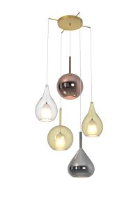 Carys 82cm Pendant With Mixed Shades, 5 Light E27, Copper/Clear/Chrome/Cognac Glass With Frosted Inner, Gold Frame