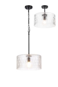 Dupa 38cm Satin Black Pendant/Semi Flush/Semi Flush 1 x E27 With Drum Ribbed Glass (B)