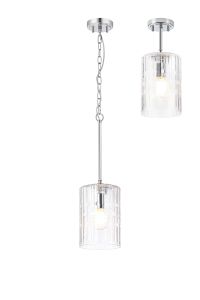 Dupa 18cm Polished Chrome Pendant/Semi Flush/Semi Flush 1 x E27 With Cylinder Ribbed Glass (A)