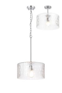 Dupa 38cm Polished Chrome Pendant/Semi Flush/Semi Flush 1 x E27 With Drum Ribbed Glass (B)