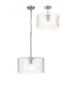 Dupa 38cm Satin Nickel Pendant/Semi Flush/Semi Flush 1 x E27 With Drum Ribbed Glass (B)