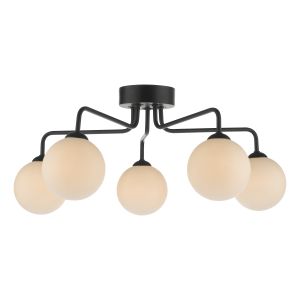 Feya 5 Light G9 Black Semi Flush Ceiling Light C/W Opal Glass Shade