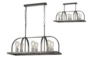 Sora Pendant/Semi Flush Oblong 6 Light E27, Pewter / Polished Nickel