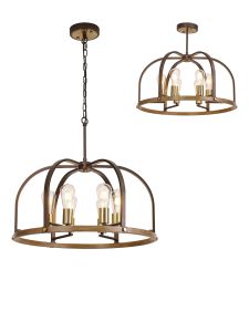 Sora 62cm Pendant/Semi Flush Round 6 Light E27, Brown Oxide / Antique Bronze / Wood