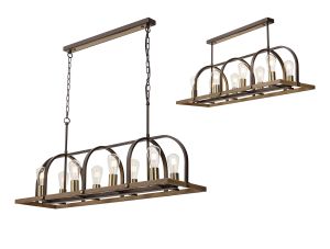 Sora Pendant/Semi Flush Oblong 8 Light E27, Brown Oxide / Antique Bronze / Wood