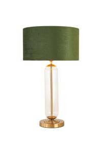 Campo Tubular Table Lamp, 1 Light E27, Brass Gold/Clear Glass/Moss Green/Gold 40cm Velvet Shade