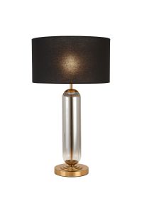 Campo Tubular Table Lamp, 1 Light E27, Brass Gold/Smoke Fade Glass/Black 40cm Linen Shade