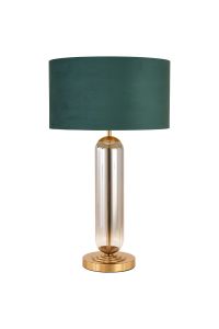 Campo Tubular Table Lamp, 1 Light E27, Brass Gold/Smoke Fade Glass/Forest Green 40cm Velvet Shade